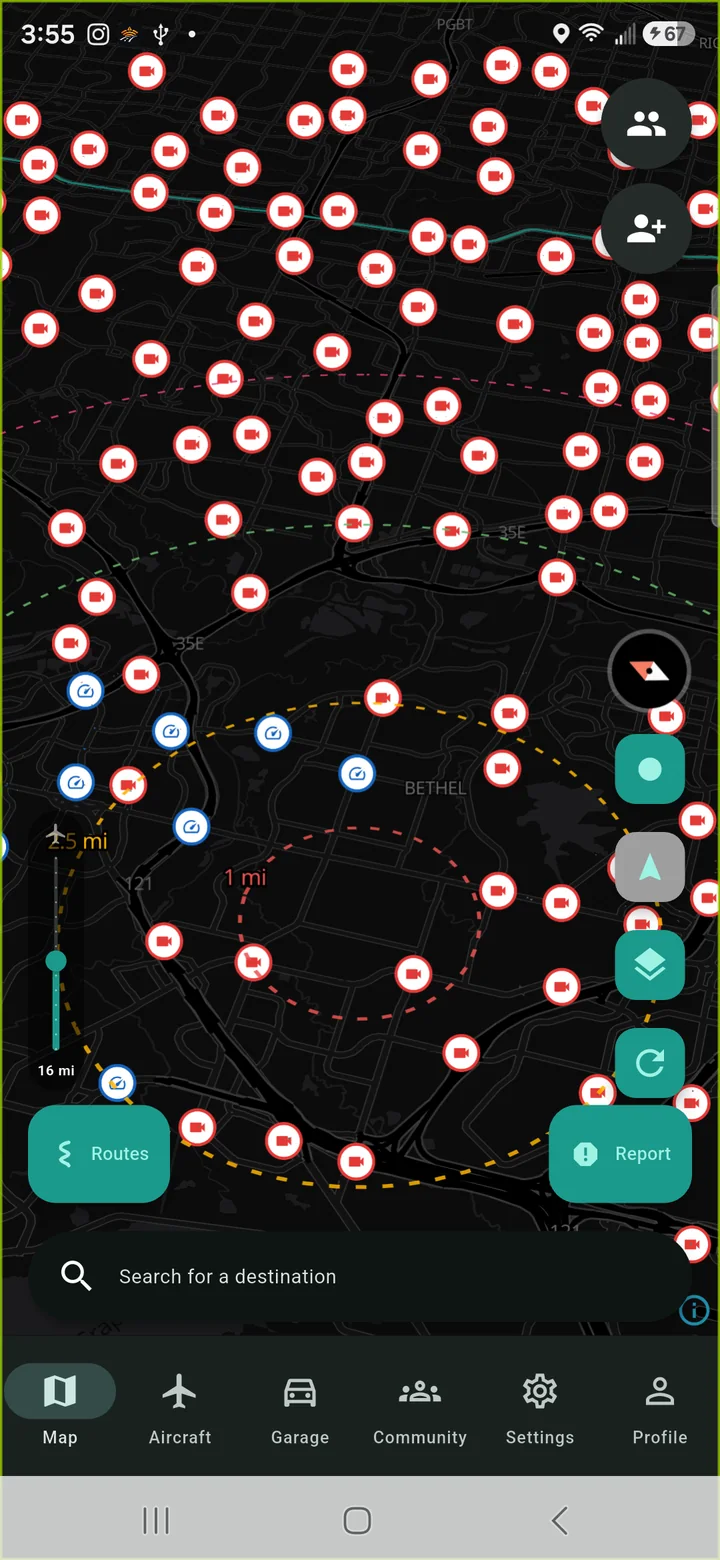Map with plate-reader and enforcement-camera layers over a metro area