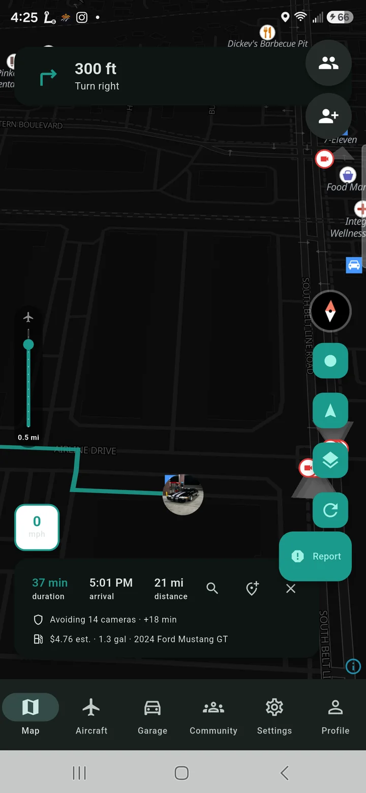RoadSignal navigating: turn banner, route line, avoidance summary and trip fuel cost on a dark map